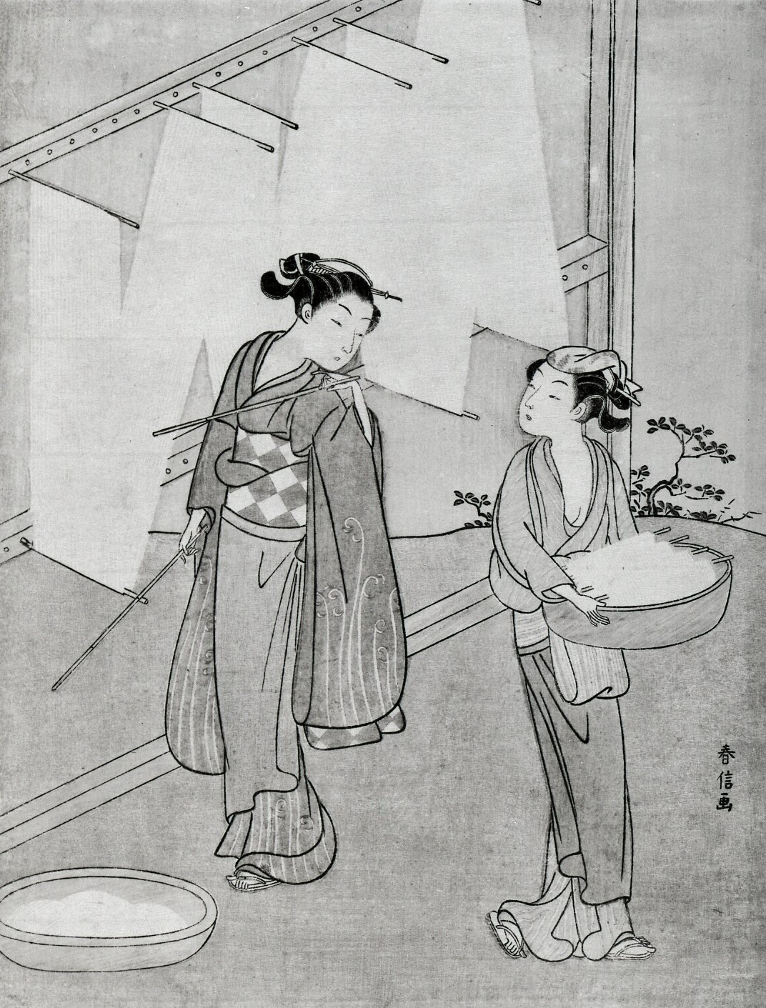 Young Girl and Servant Drying Japanese Fine Noodles · Brooklyn Museum